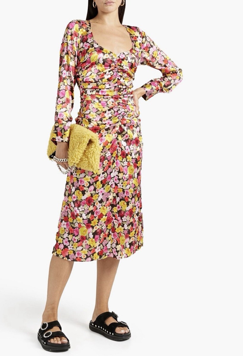 ganni floral-print linen and silk-blend midi dress GANNI Floral-Print Linen And Silk Midi Dress