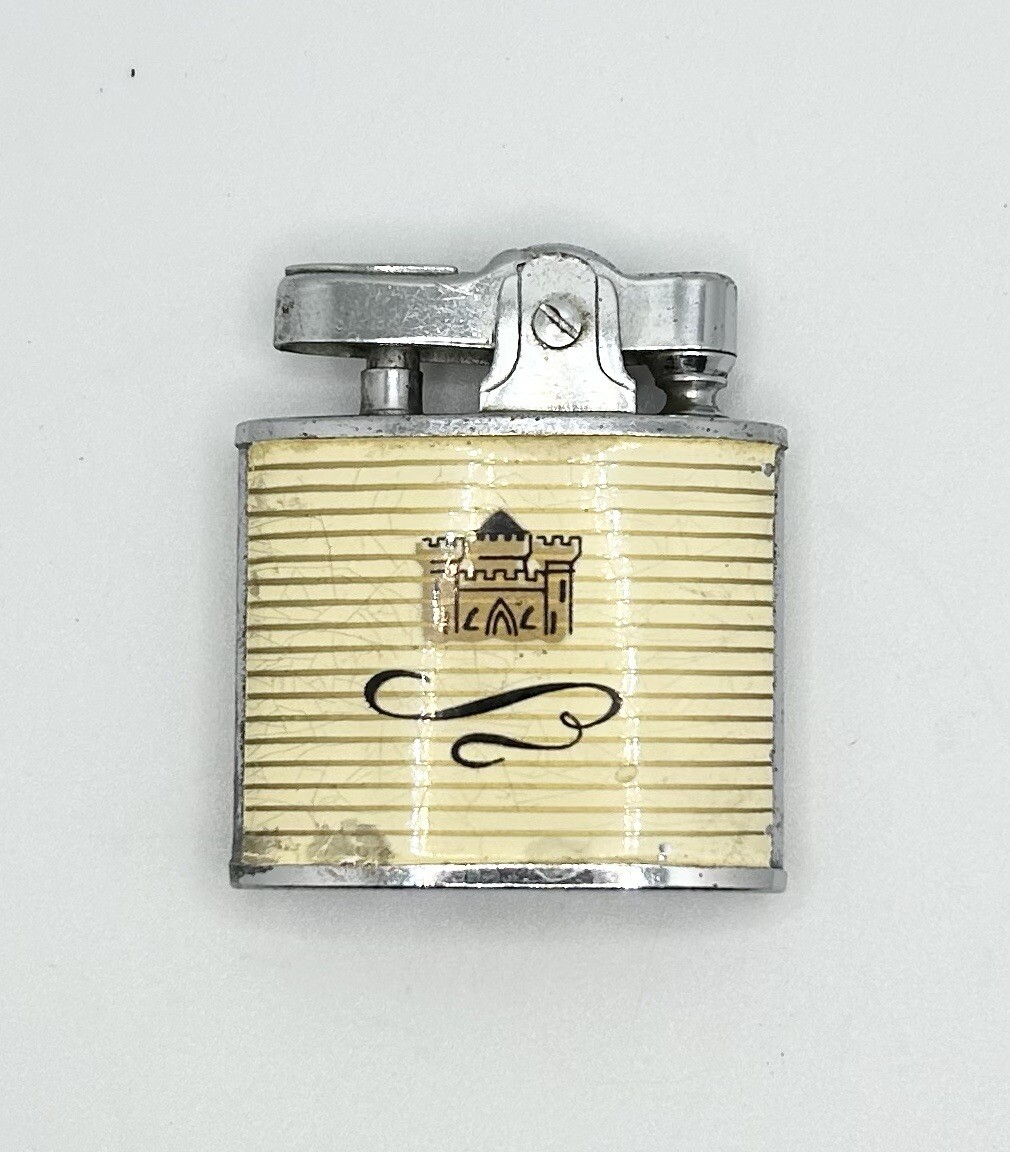 Early OMEGA Cigarette Lighter Silver Tone Gold Castle Graphic 1.2 Oz Vintage 