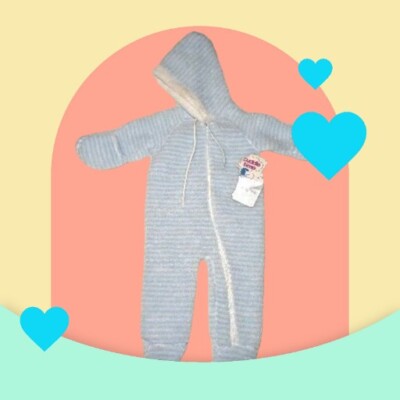 NWT'S VTG CUDDLE TIME Baby Newborn Pram Suit Winter Blue Stripe Zip 3-12 Months