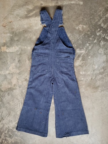 Vtg 70s Bib Overalls Bell Bottom Wide Flare Bicycle Bird Patches Kids W24 x L20 - Picture 4 of 17