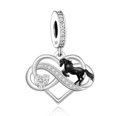   Pferd Pony schwarz Charm echt 925 Sterling Silber Perlenarmband Unendlichkeit 