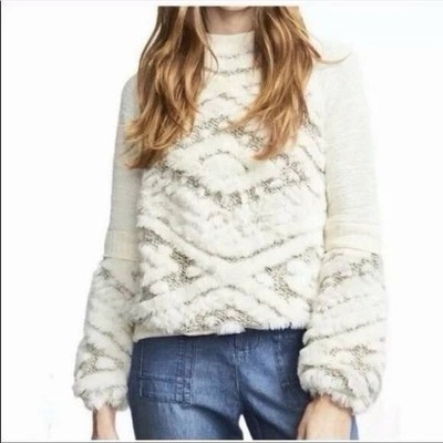 Anthropologie Amadi Calista Faux Fur Textured Sweater Cream Grey Large USA Boho