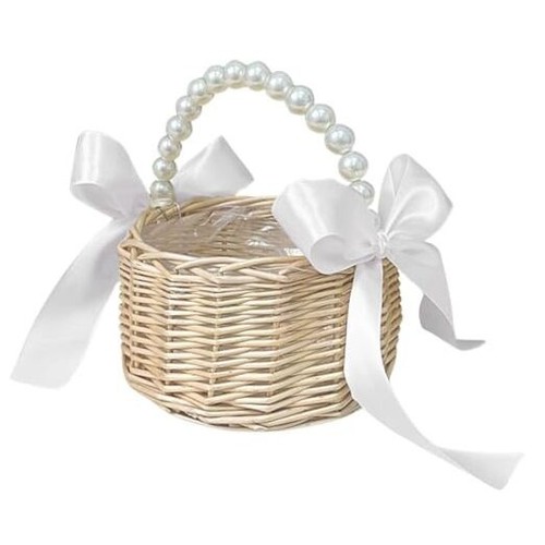 Flower Girl Basket with Pearl Handle Wedding Flower Basket Cute Rattan Wicker