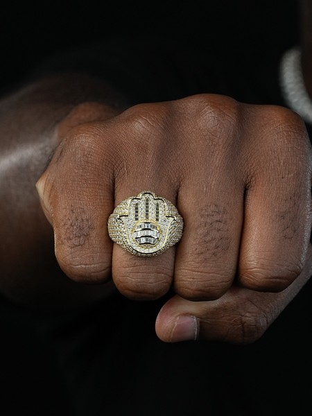 Alternate view of Moissanite Baguette Hamsa Ring Mens 14k Gold Plated Solid 925 Silver Iced Hiphop