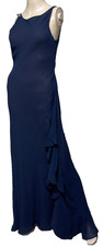 Vera Wang Couture Crystal Navy Blue Backless Silk Ruffle Long Dress Gown Us 0 2