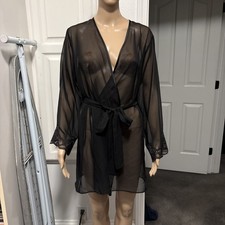 HALSTON Robe Sheer Black Belted Ties Lace Trim Sleeves Ladies Lingerie Size M