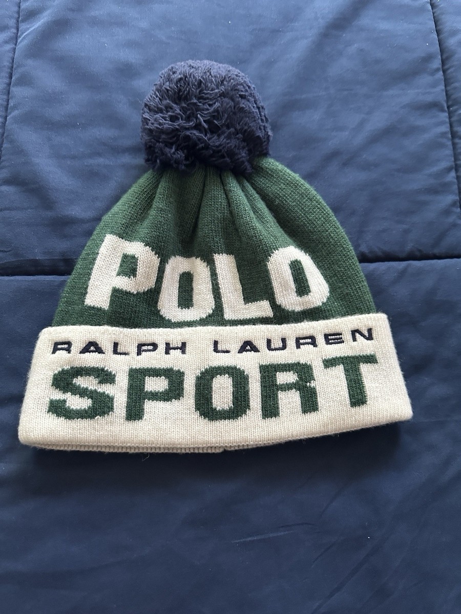 Polo Ralph Lauren Polo Sport Beanie Hat Green White Pom Knit Cap