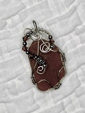 Handmade Wire Wrapped Amber Sea Glass Necklace Pendant Silver Beaded Statement