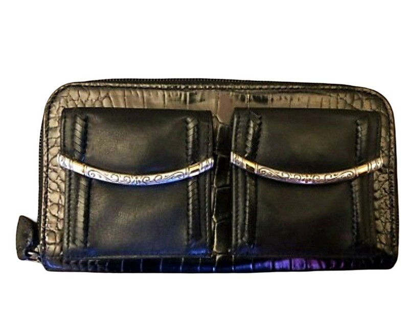 Retired Brighton Venezia Black Leather Zip Wallet, Double Front Pouches Leather