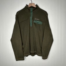 Eddie Bauer Mens Pullover Sweater L Olive Green Fleece 1/4 Snap Outdoor