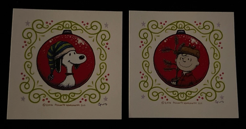 2 件套 Marq Spusta 迷你圣诞装饰品屏幕打印 Charlie Brown 史努比 白色 — 第 2/4 张图片