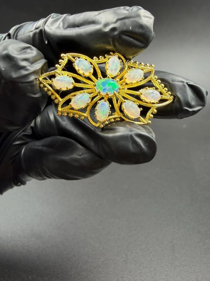 Подлинная антикварная винтажная брошь на булавке из огненного опала овальной огранки 14 карат с покрытием из желтого золота 3 карата - Изображение 4 из 4