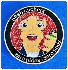 Geocoin 2007 n00b cacherz Zero Hides / Zero Finds Polished Nickel Adoptable