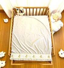 Vtg Handcrafted Infant Crib Sheet w/Cross Stitch Yellow Ducks Ribbon Eyelet Lace