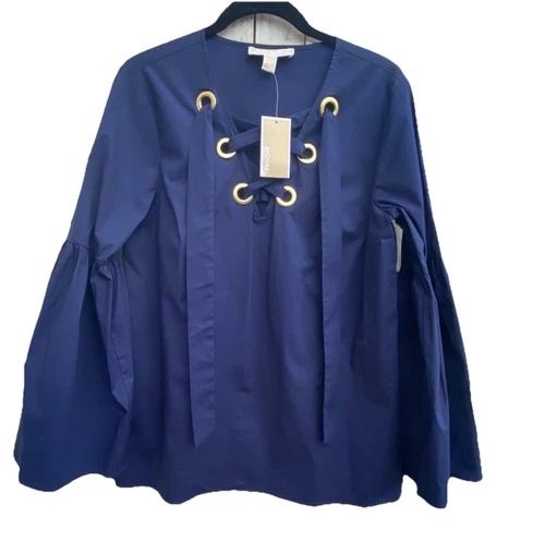 Camicetta donna Michael Kors blu navy con lacci davanti manica a campana taglia M