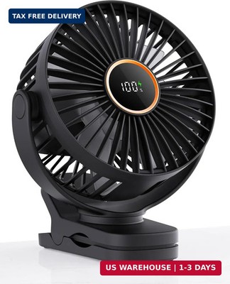 TUNISE Mini Clip on Fan, Battery Operated Desk Fan, Digital display，3 Speeds Adj