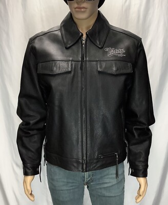 rare VICTORY Motorcycles USA 🇺🇸 Black Leather Fringe Sleeve Jacket men M 