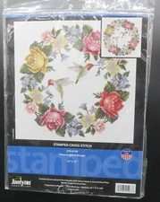 Janlynn Stamped Cross Stitch Kit Hummingbird Wreath NEW 15" square Made in USA