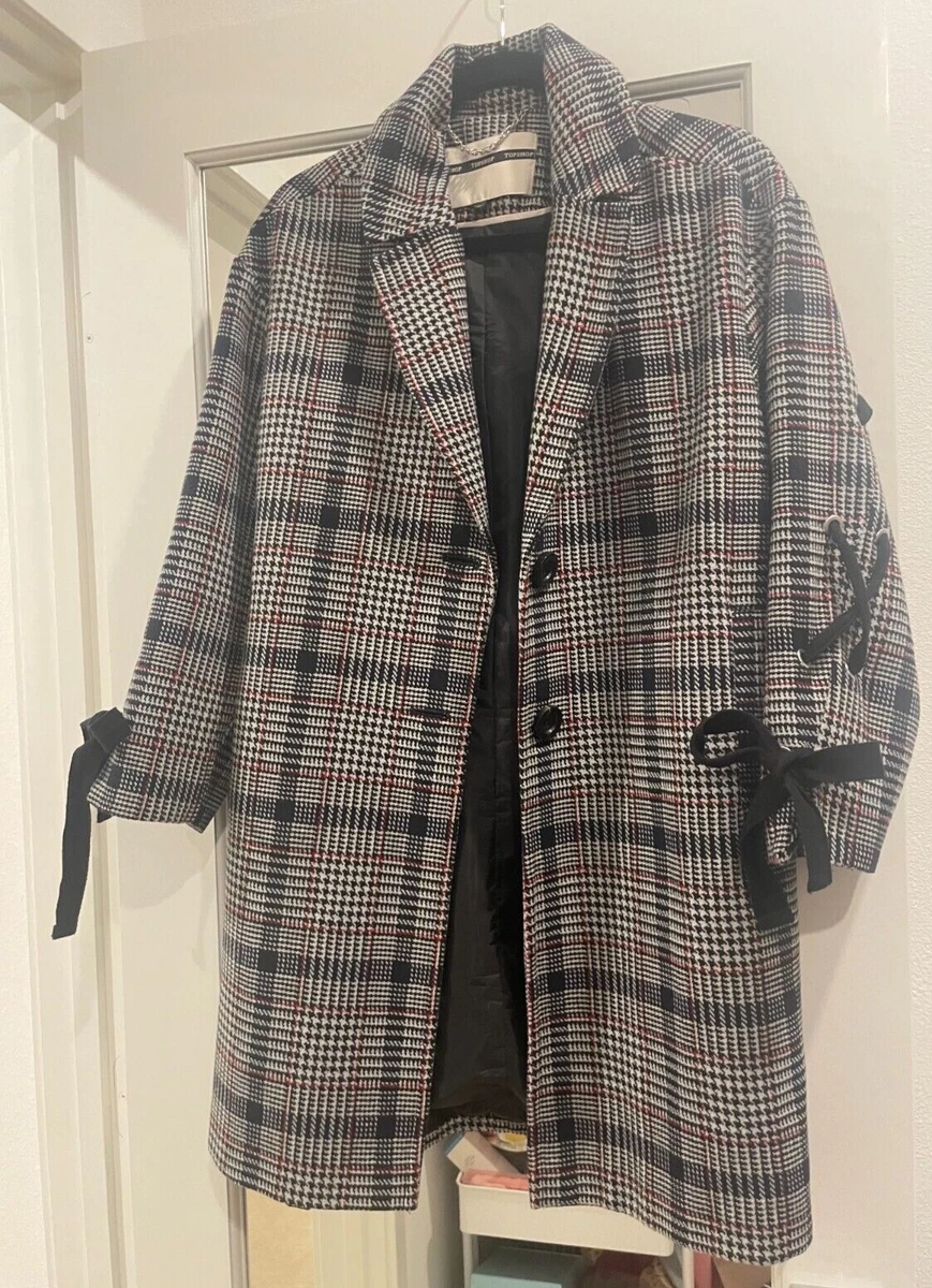 Topshop Women s Black Houndstooth Collared Long Sleeve Overcoat Jacket 36
