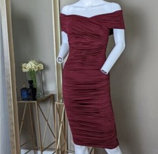 Womens Burgundy Off The Shoulder Over The Knee Ruched Dress MED