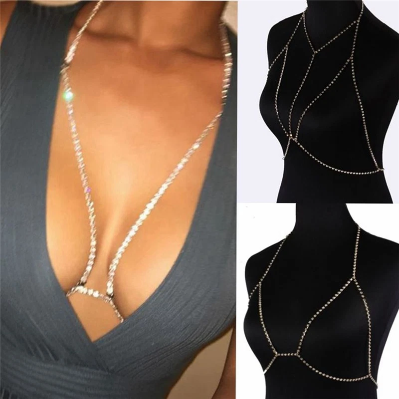 Elegant Women Shiny Crystal Rhinestone Necklace Bra Chest Body