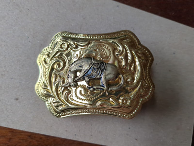 Western Style Bucking Bronco Bright Gold Belt Buckle 4'' X 3''