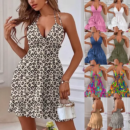 Womens Sexy Backless Swing Mini Dress Deep V-Neck Beach Party Sundress Summer - Picture 1 of 29