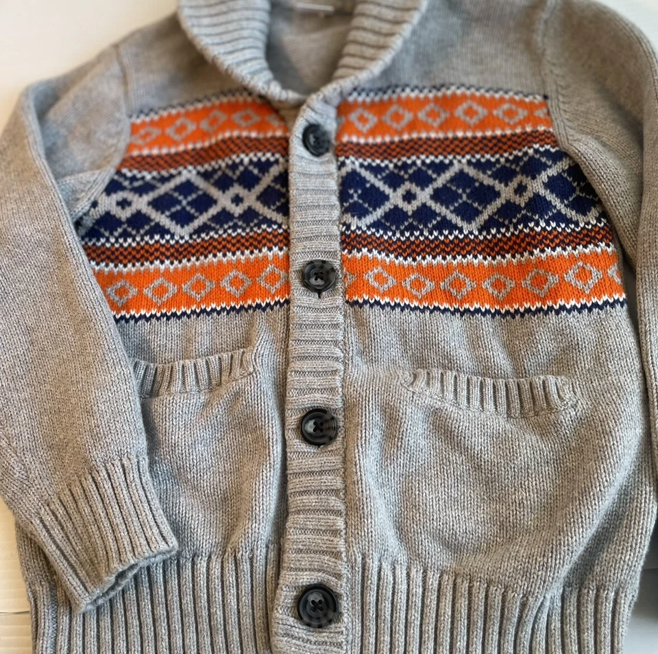 Gymboree Size S 5/6 Gray Orange Blue Button Up Cardigan Shawl Collar Grandpa - Image 2 of 4
