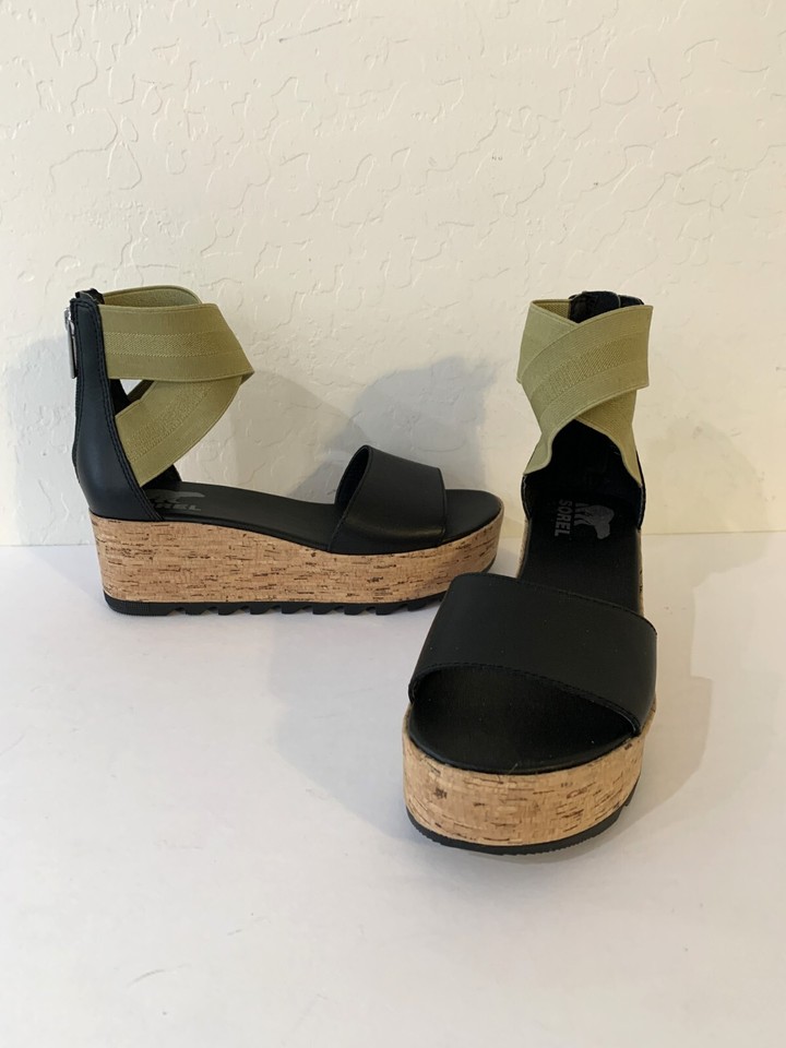 Sorel Cameron Flatform Ankle Strap Wedge Sandals Leather Black Olive