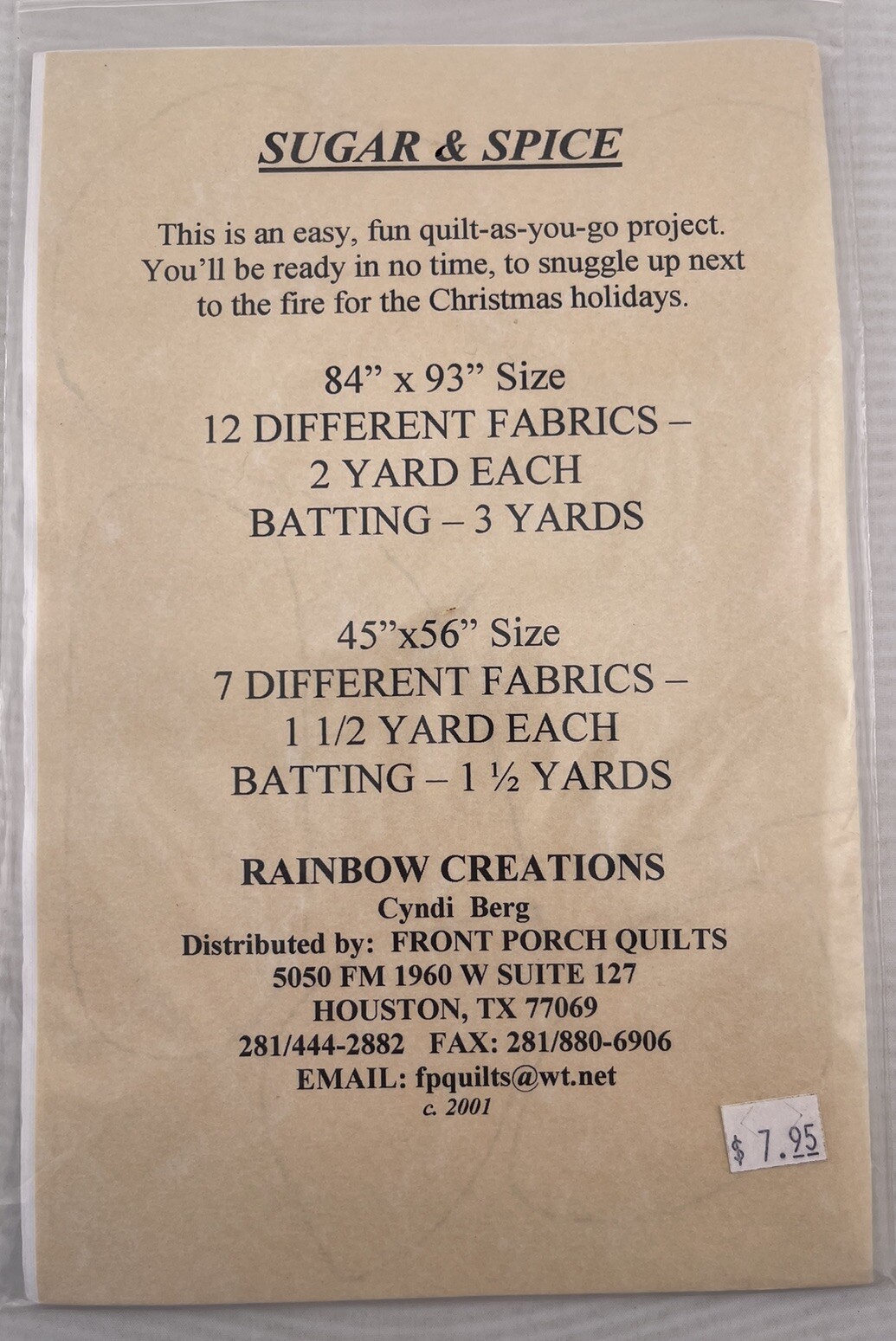 Rainbow Creations “Sugar & Spice” Quilt pattern RC506 Cyndi Berg 2001