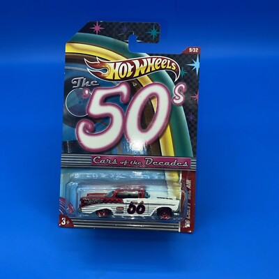 Hot Wheels '56 Chevy Bel Air White, Cars of The Decades '50s W/ Red Rims 1/64