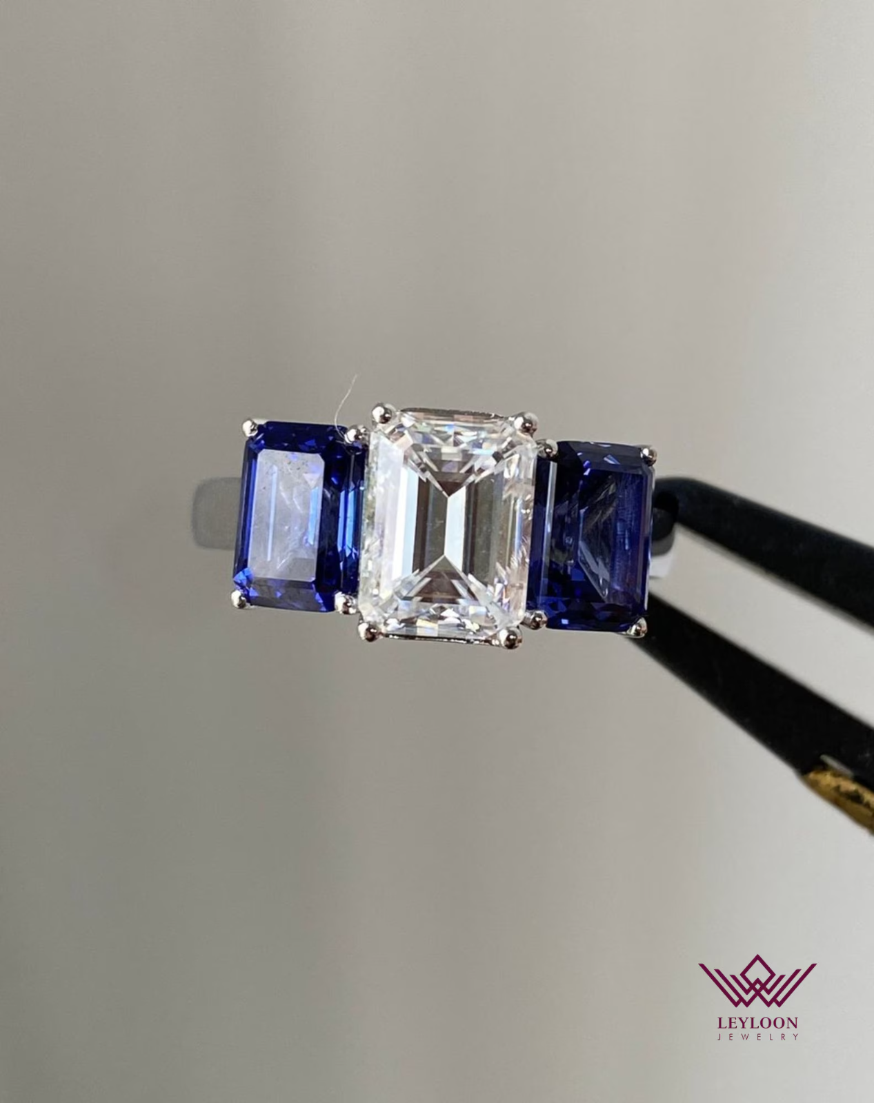 Emerald Cut D Color Radiant Cut Blue Color Three Stone Moissanite 14K Gold Ring