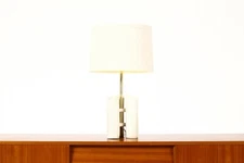 Geometric Brutalist Stoneware Table Lamp — White Stoneware —  Brass Detailing