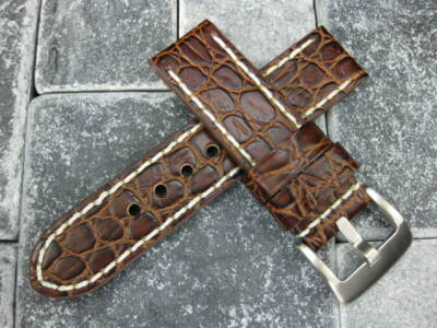 Bracelet Cuir Big Alligator 24 Mm Pour Montre - Marron - Style BREITLING Vintage