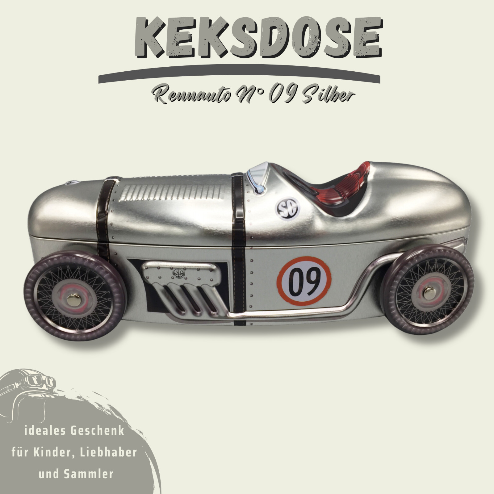 Blechdose Keksdose Gebäckdose Gebäckdose Dose Motiv Rennauto Nr. 09 Silber Dose