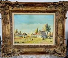 Vintage 1970 USSR Russian Oil Landscape Painting Ukrainian Farm by Joseph Garani