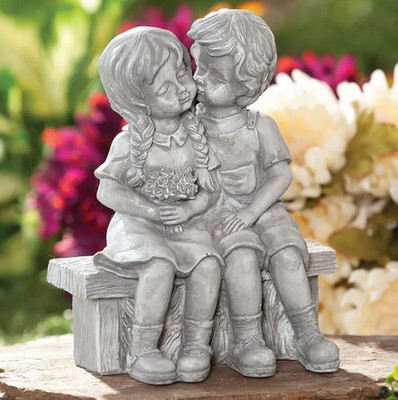 Garden Statue Sculpture First Kiss Boy Girl Couple on Bench Patio Yard Art Decor