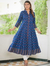 Indian Women Blue Rayon Ethnic Motifs Ikat Print Anarkali Kurta Kurti Long Dress