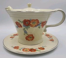 Hall China Co. Orange Poppy Melody Teapot w/Lid & Cake/Trivet Plate Made In USA 