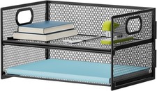 2 Tier Paper Organizer Letter Tray, Mesh File Organizer with Handle, Paper