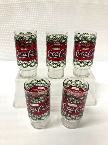 Lot of 5 1970's Clear & Green Floral Tiffany Style Vintage Coca Cola Glassware
