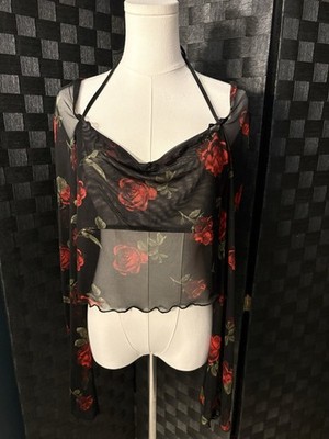 Whimsigoth Just Polly Black Floral Sheer Top Bell Sleeves Lined Blouse XL