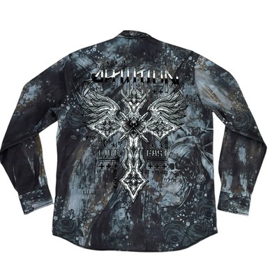 Affliction Camarillo Stretch Cross Skull Shirt Size XL Streetwear Grunge Goth