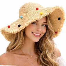 Shiraleah Chicago Wide Brim Straw Hat with Pom Poms Fringe