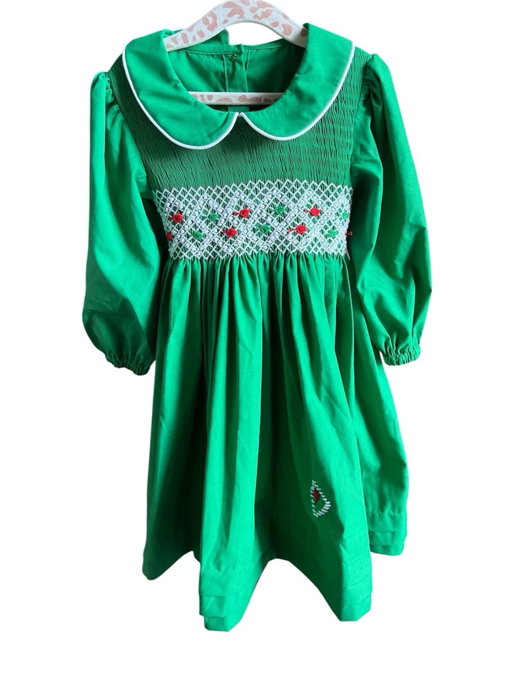 Lote de vestidos clásicos de vacaciones verde cuello Peter Pan manga larga para niñas ajustados Foto 2 de 4