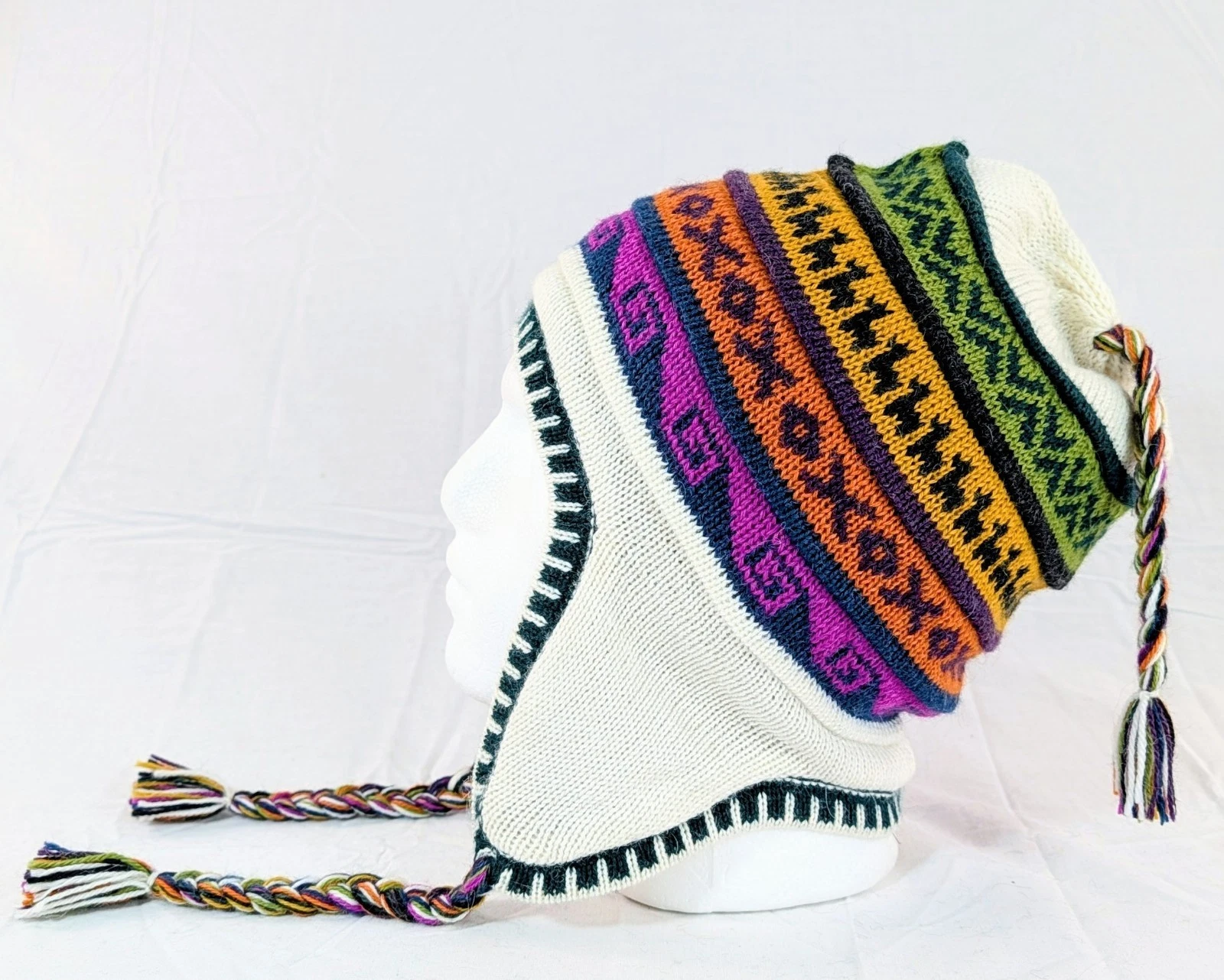 Soft Baby Alpaca Reversible Chullo Beanie White Brown Unisex Colorful Boho Peru