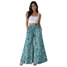 Green White Floral Wide Leg Palazzo Pants M Boho Elastic Waist Stretch Vacation