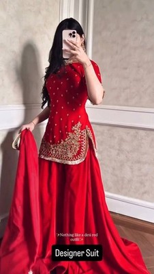 Attractive Faux Georgette Red Top Palazzo With Dupatta For Functional Wear
