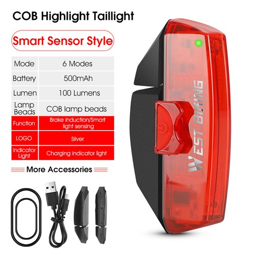 WEST BIKING Smart Brake Sensing Taillight USB Charging Cycling Bike Rear Light - Picture 12 of 13