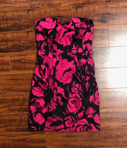 EXPRESS DESIGN STUDIO Floral Black / Pink Strapless Lined Pinched Chest Dress 2 - Picture 3 of 6